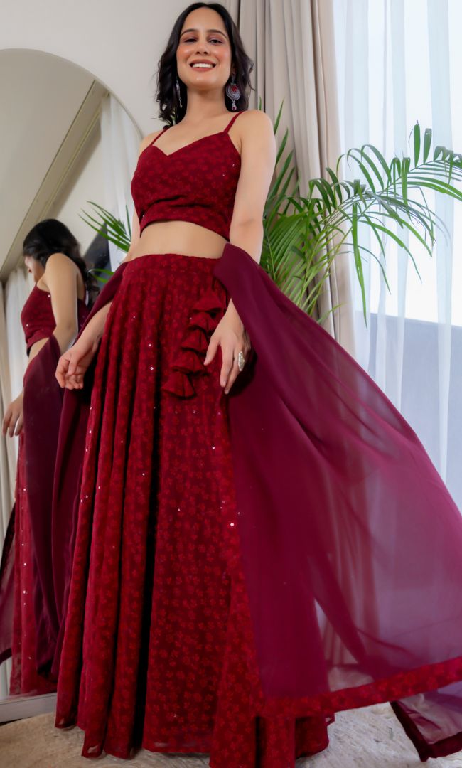 Twilight Maroon Chikankari Lehenga