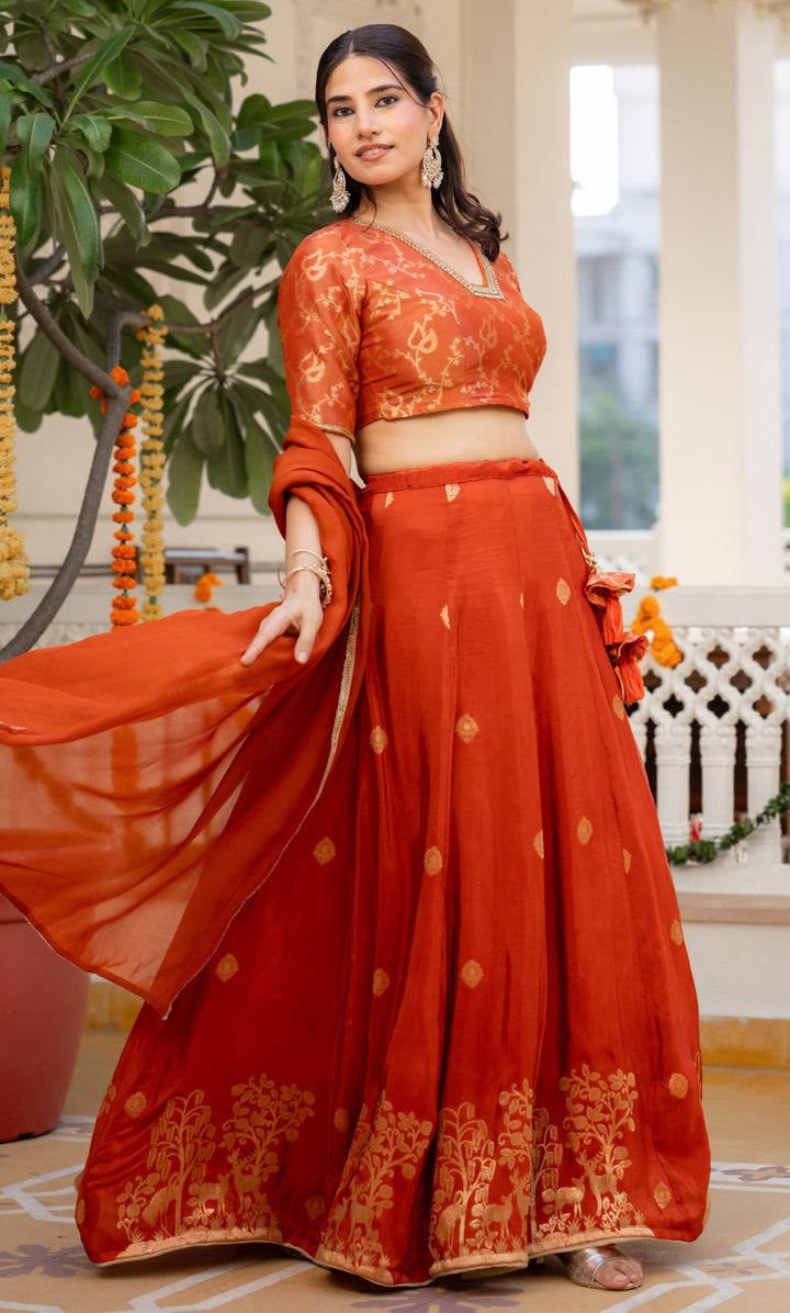 Rania Orange Brocade Lehenga Set