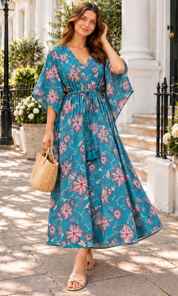 Teal Blue Tropical Printed Kaftan
