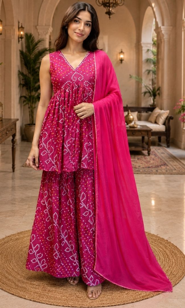 Gulabi Bandhej Sharara Set