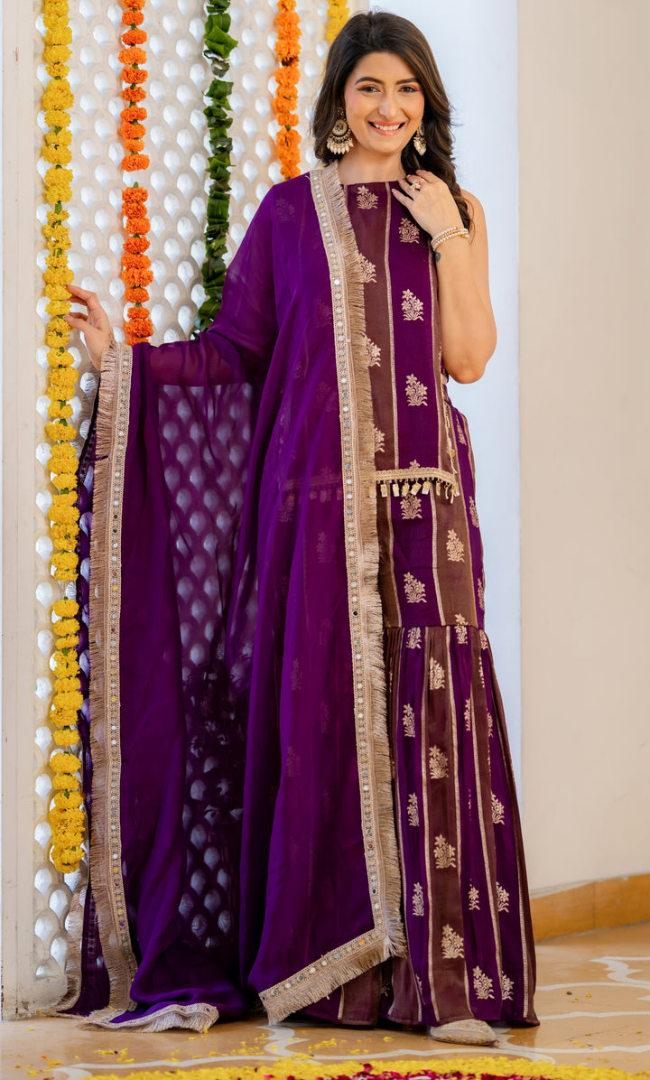 Purple Brocade Sharara Set