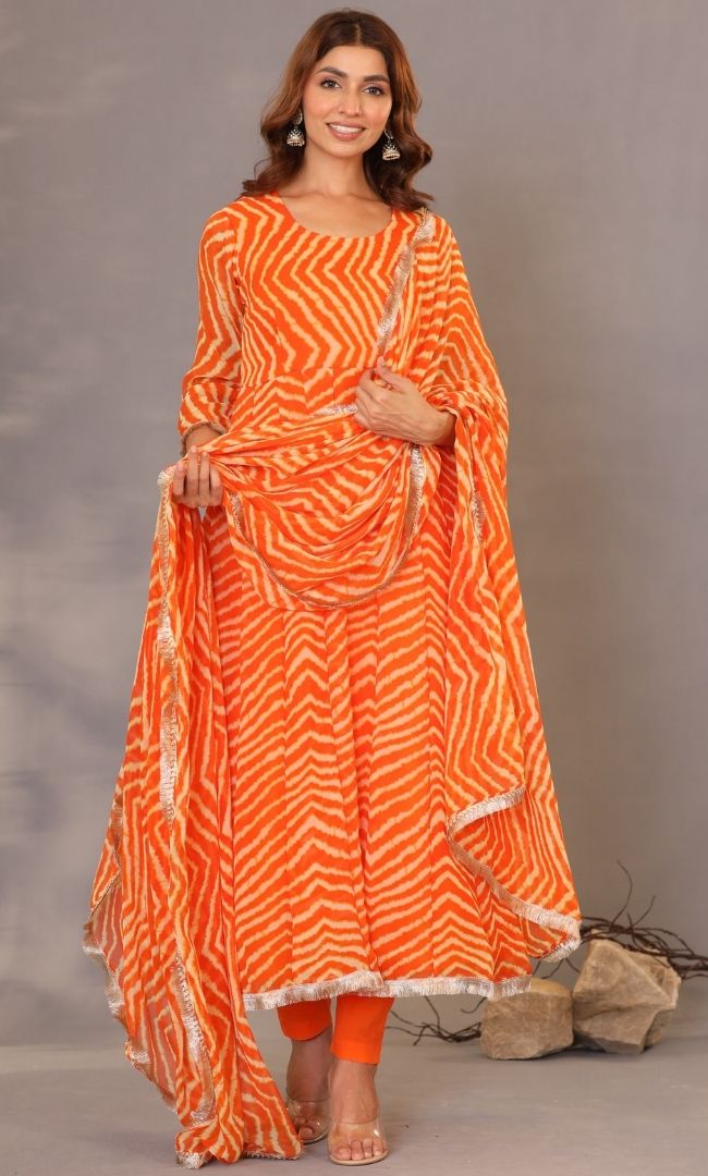 Orange Leheriya Anarkali Set