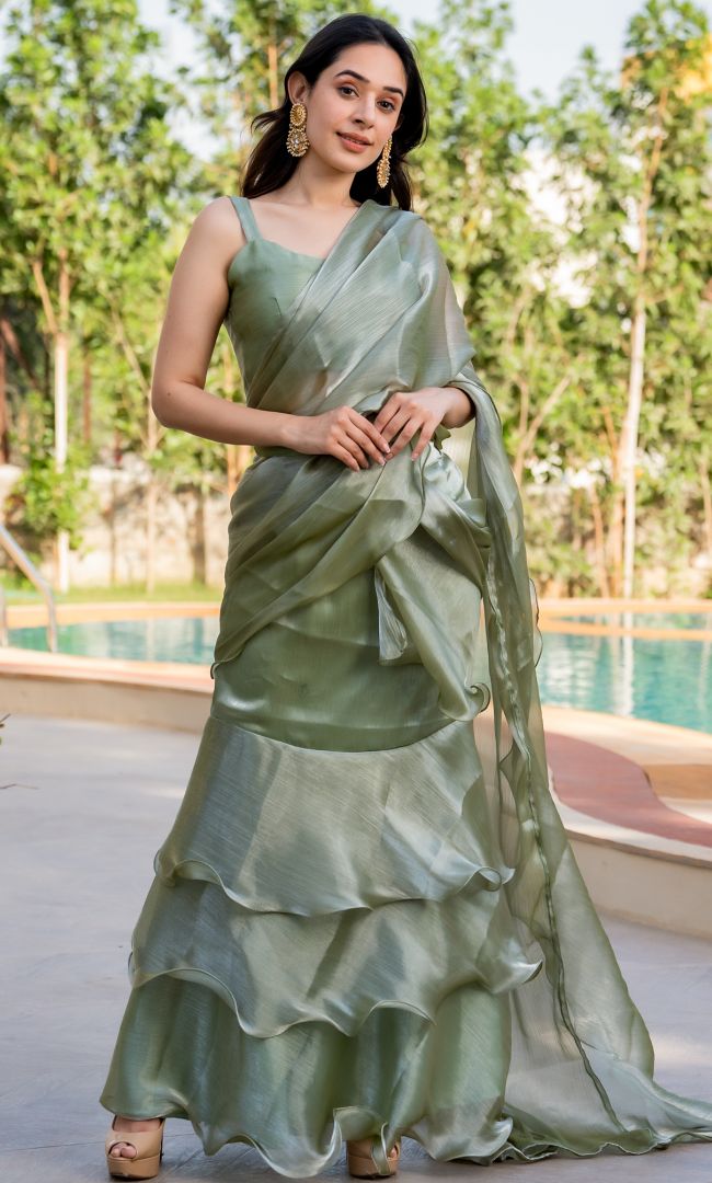 Pistachio Shimmer Ruffle Saree