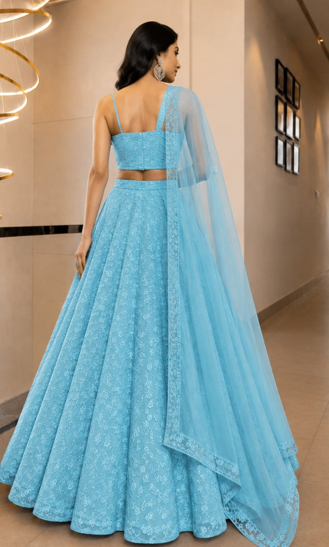 Aqua Floral Sequin Embroidery Lehenga Set