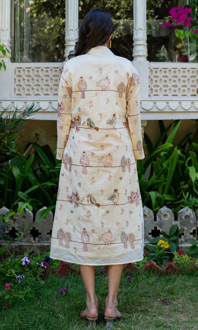 Bird Chirp Cotton Shirt Dress