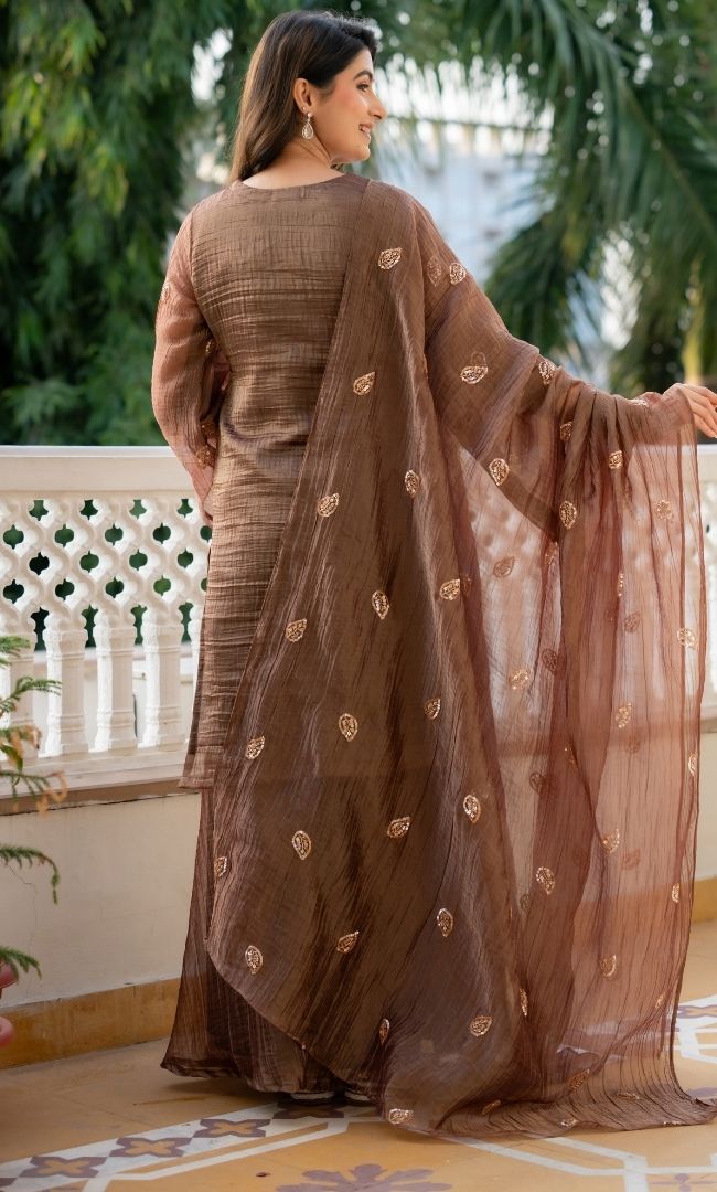 Brown Tissue Sequence Suit Set