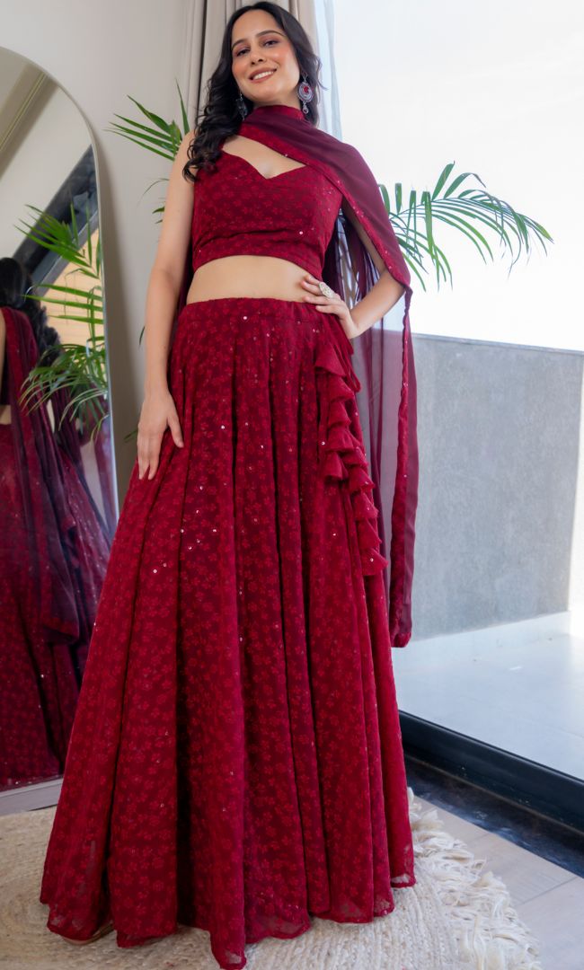 Twilight Maroon Chikankari Lehenga