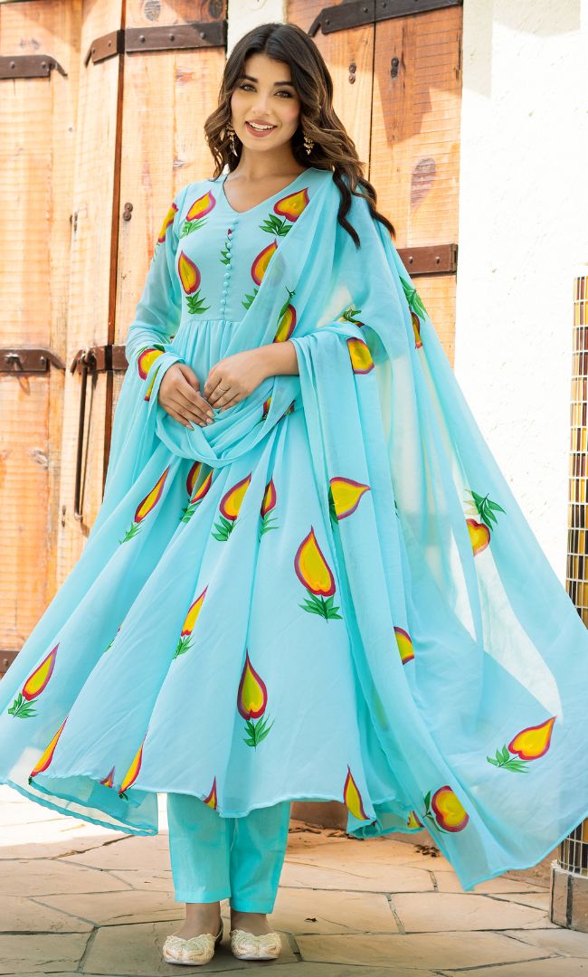 Sky Blue Handpainted Anarkali