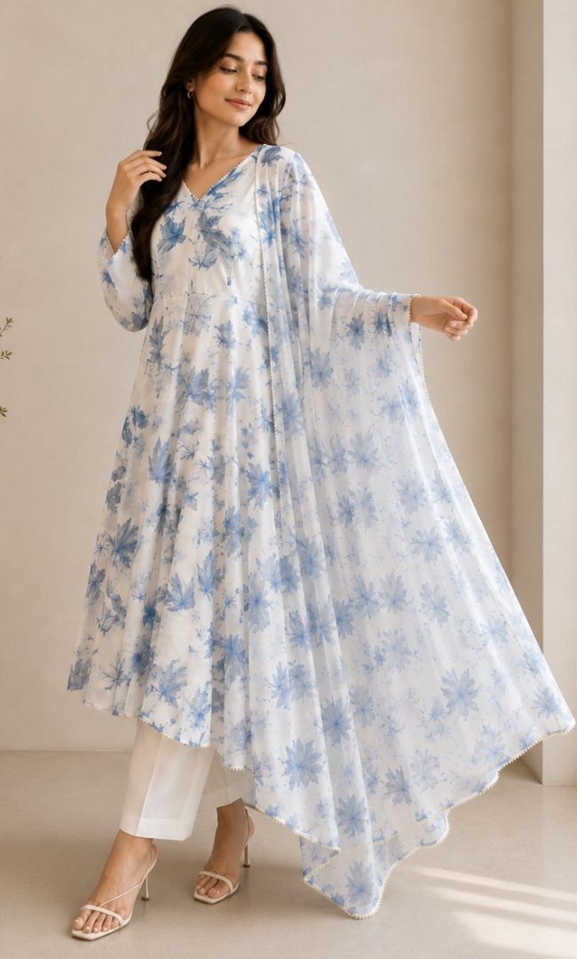 White Blue  Floral Georgette Anarkali Set