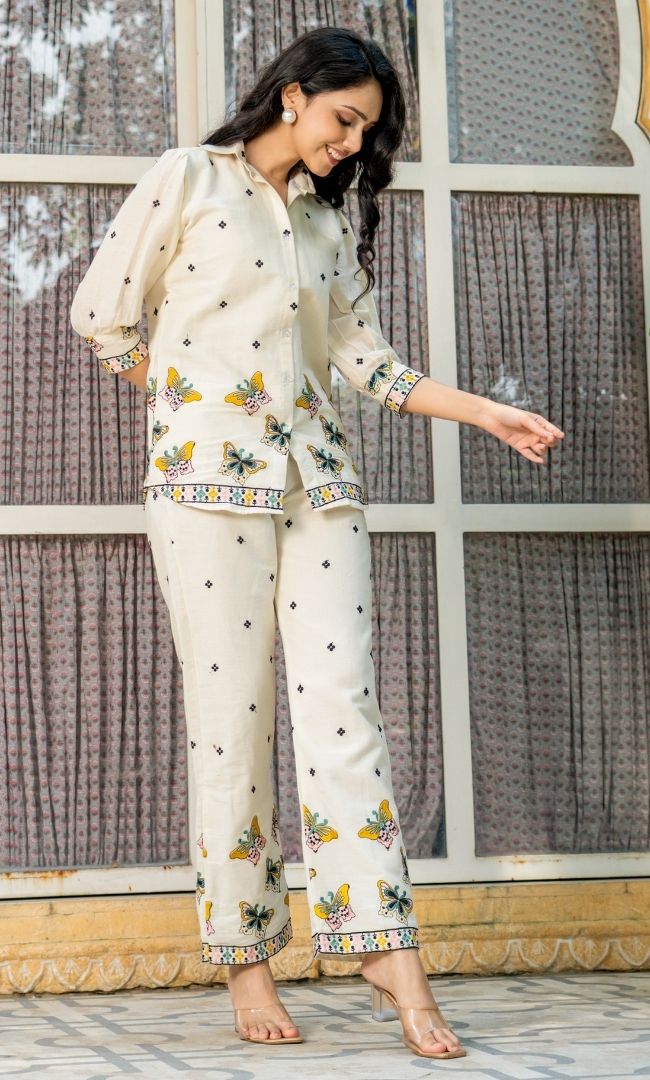 Embroidered White Cotton Butterfly Co-ord Set