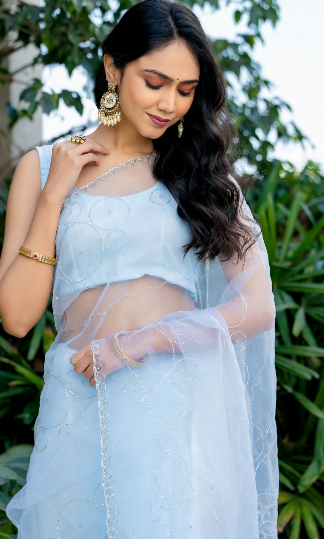 pastel blue circular work saree