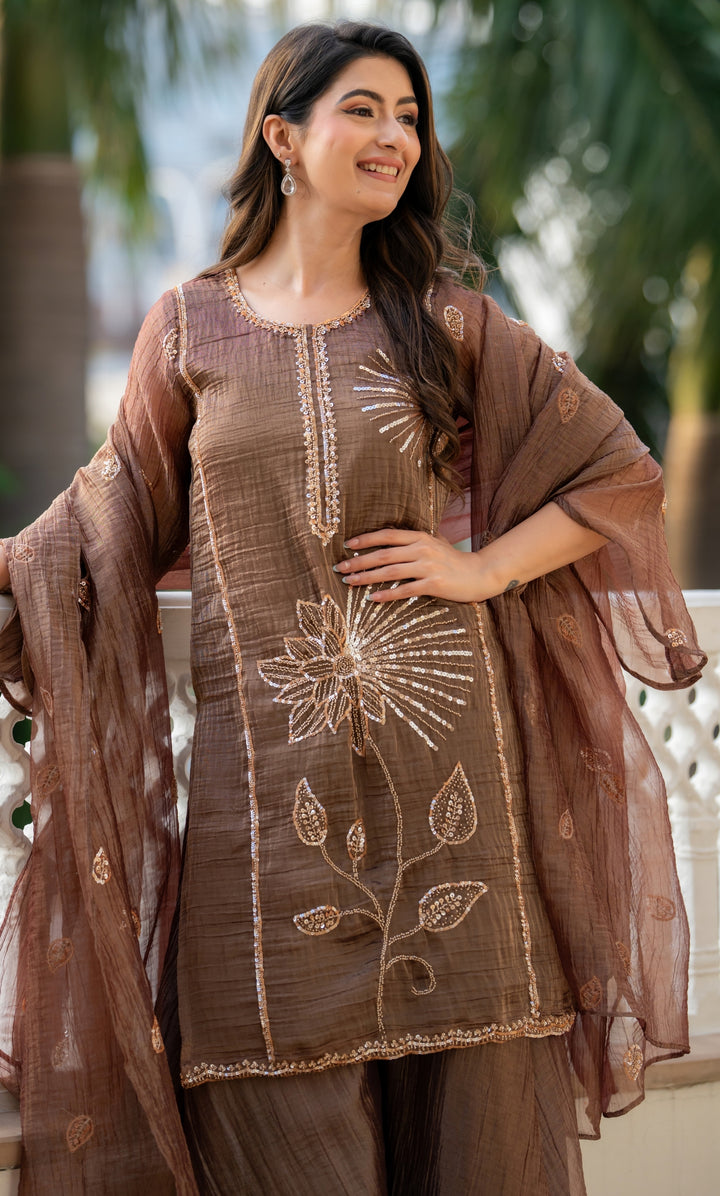 Brown Tissue Sequence Suit Set