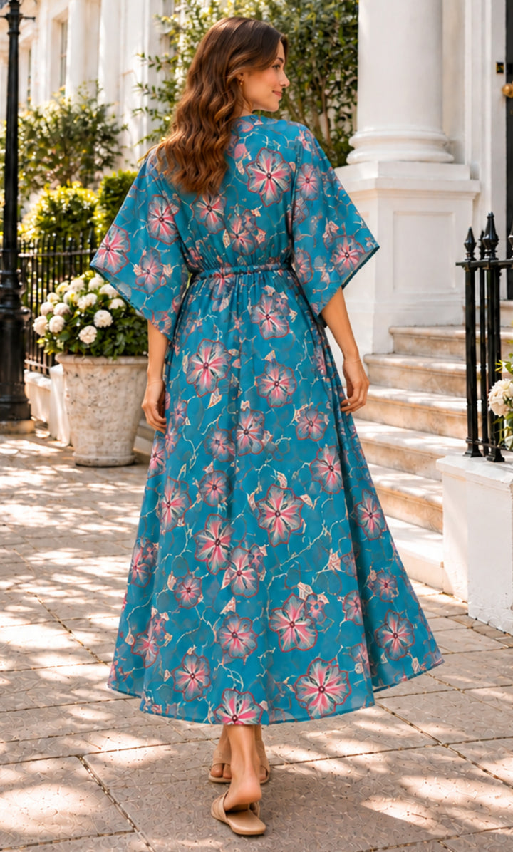 Teal Blue Tropical Printed Kaftan