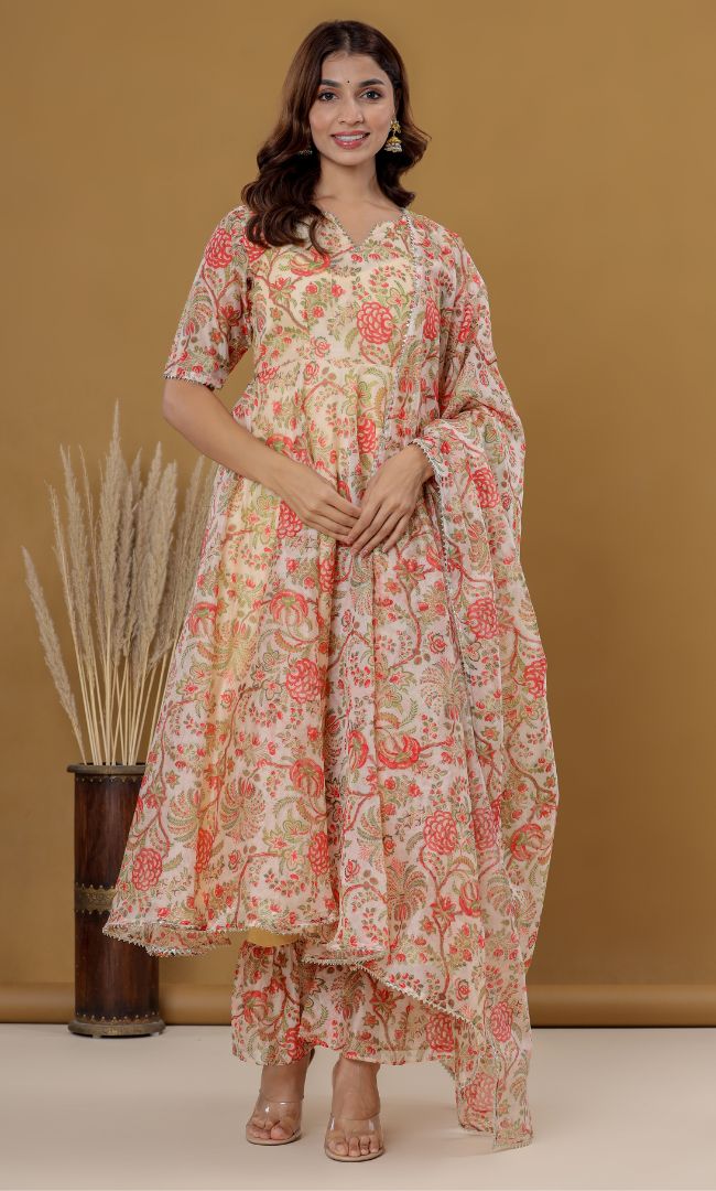 Beige Floral Anarkali Set