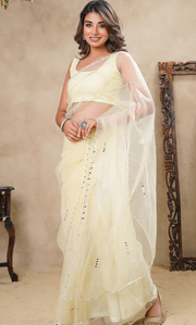 Yellow mirror work cutdana zigzag saree