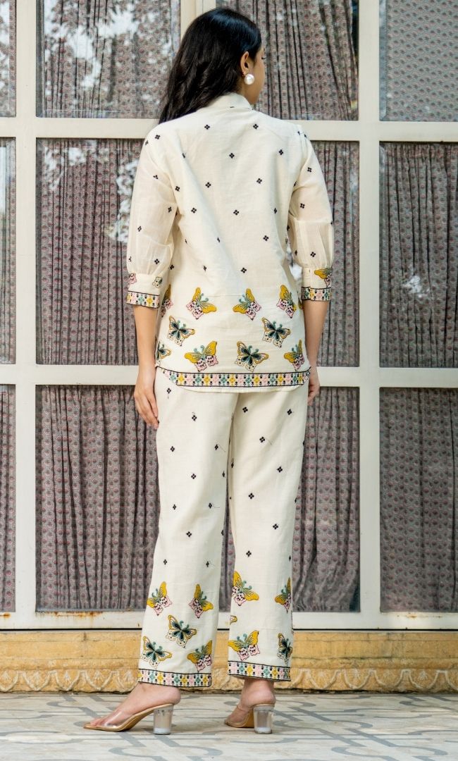 Embroidered White Cotton Butterfly Co-ord Set