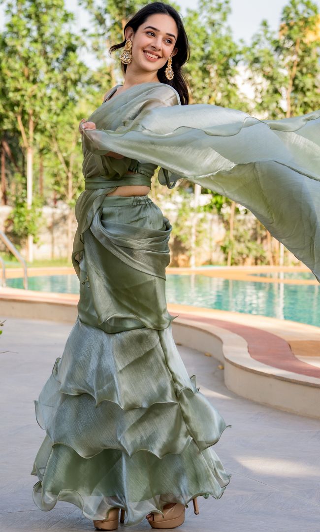 Pistachio Shimmer Ruffle Saree