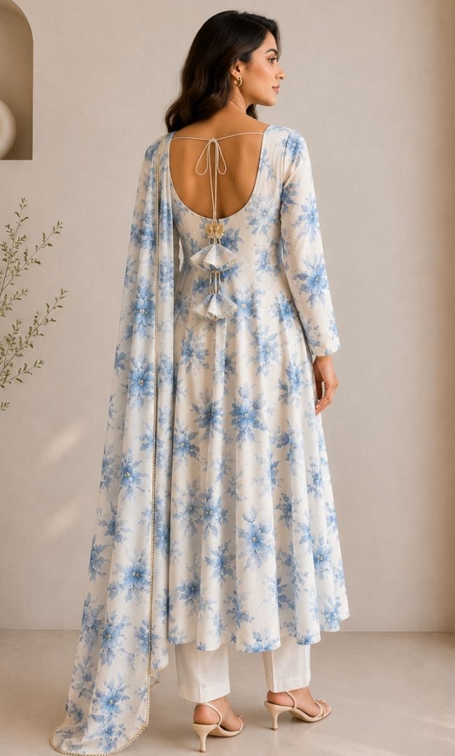 White Blue  Floral Georgette Anarkali Set