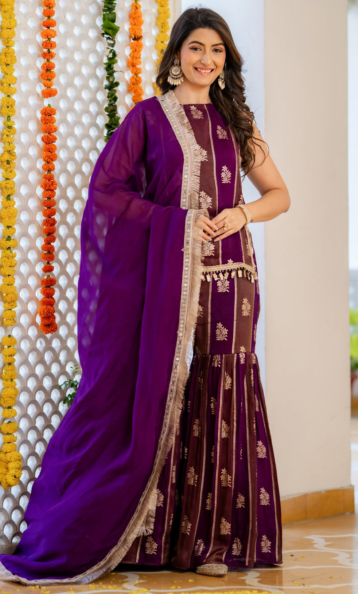 Purple Brocade Sharara Set