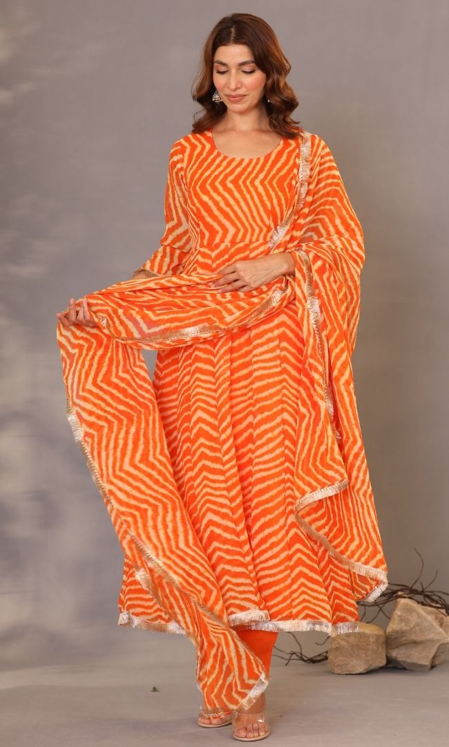 Orange Leheriya Anarkali Set