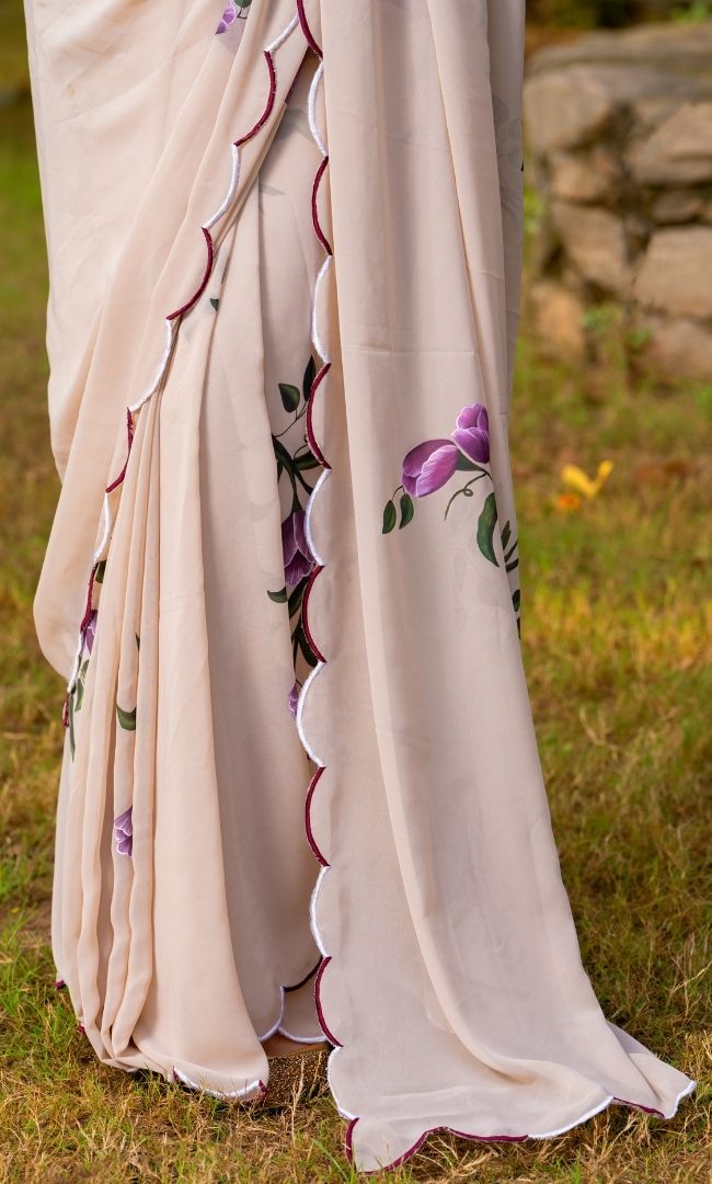 Pearled Ivory Hand Painted Saree
