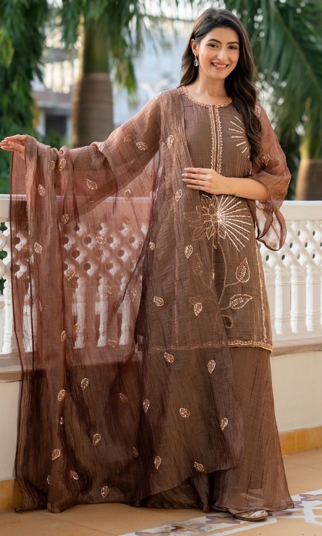 Brown Tissue Sequence Suit Set