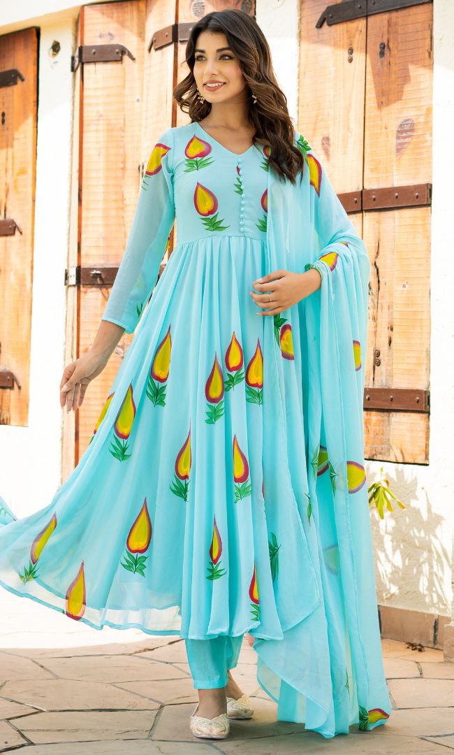 Sky Blue Handpainted Anarkali