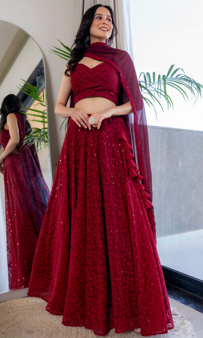 Twilight Maroon Chikankari Lehenga