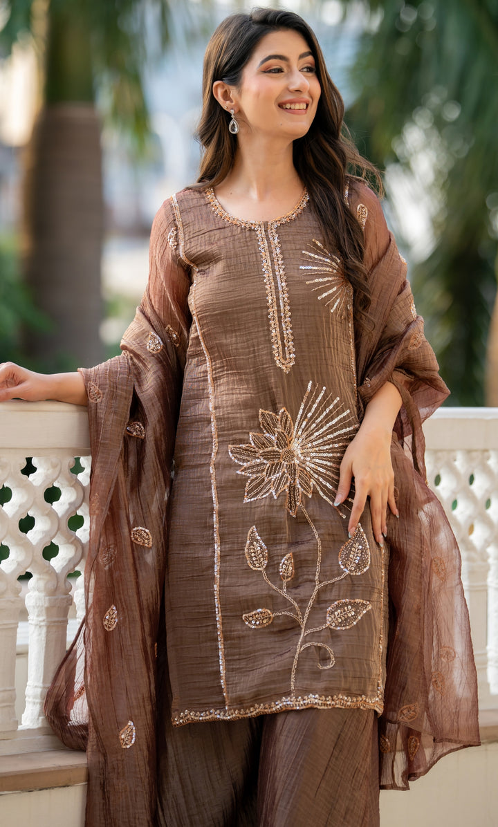 Brown Tissue Sequence Suit Set