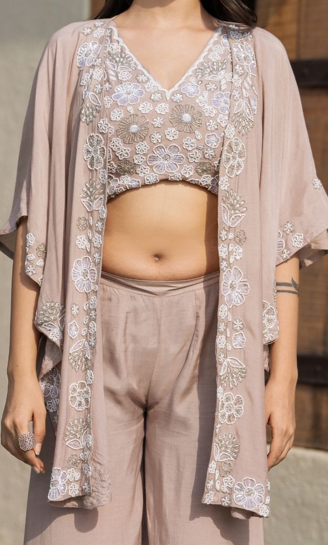 Champagne Embroidered Cape With Palazzo & Top Set