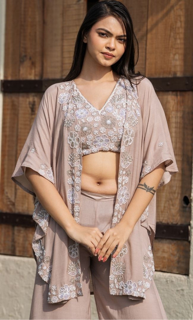 Champagne Embroidered Cape With Palazzo & Top Set