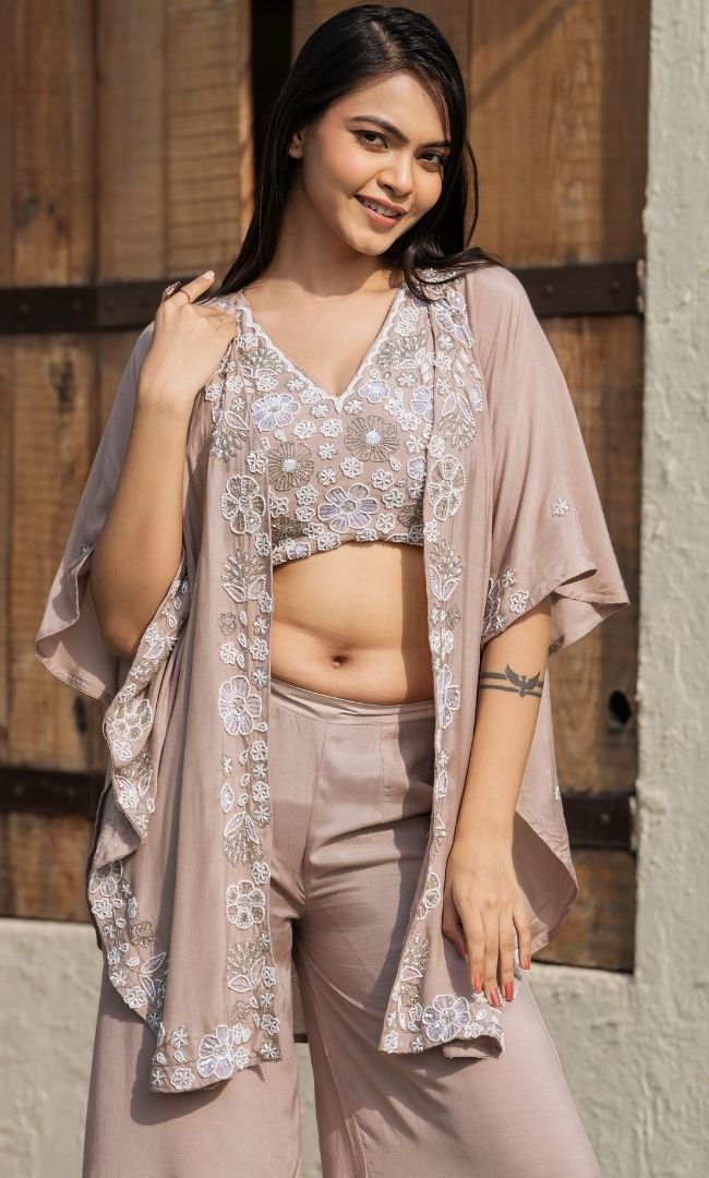 Champagne Embroidered Cape With Palazzo & Top Set