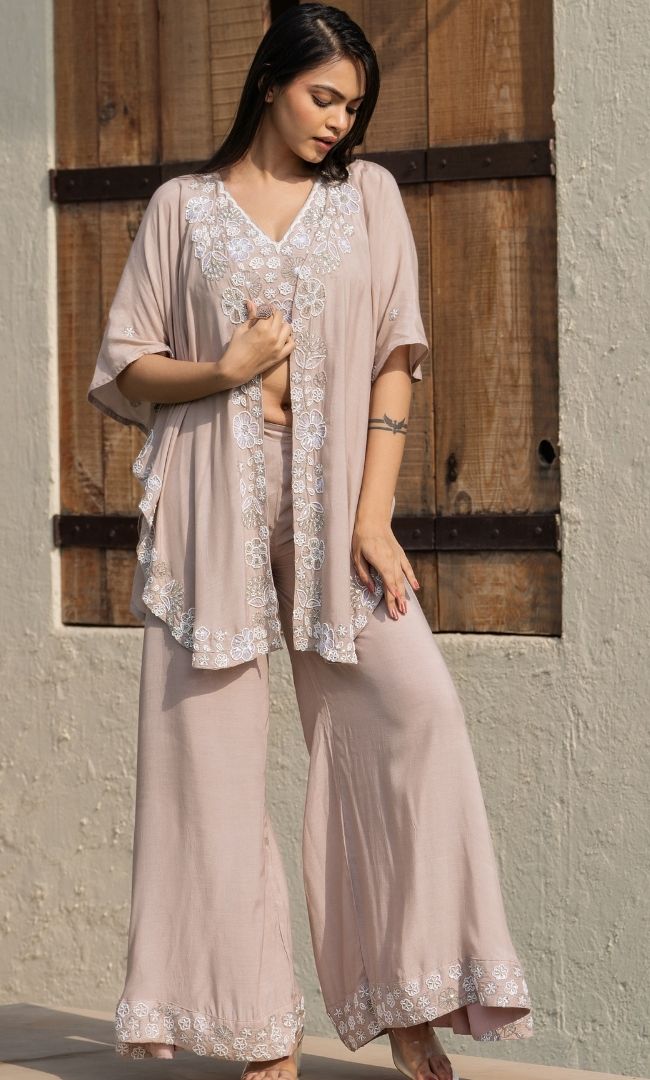 Champagne Embroidered Cape With Palazzo & Top Set