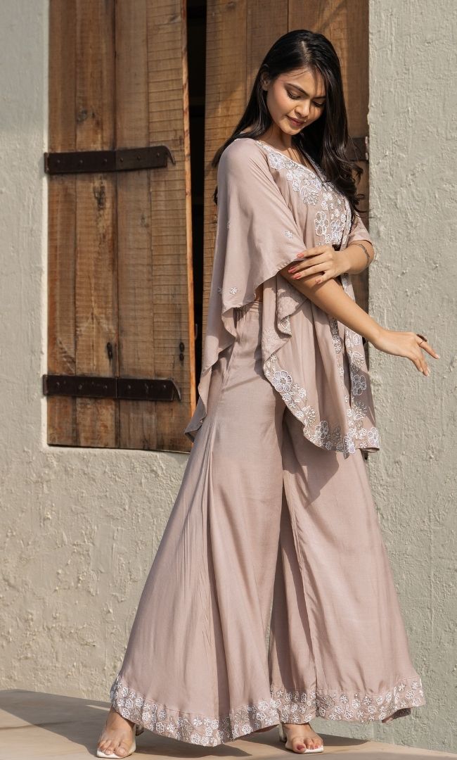 Champagne Embroidered Cape With Palazzo & Top Set