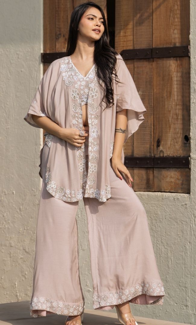 Champagne Embroidered Cape With Palazzo & Top Set