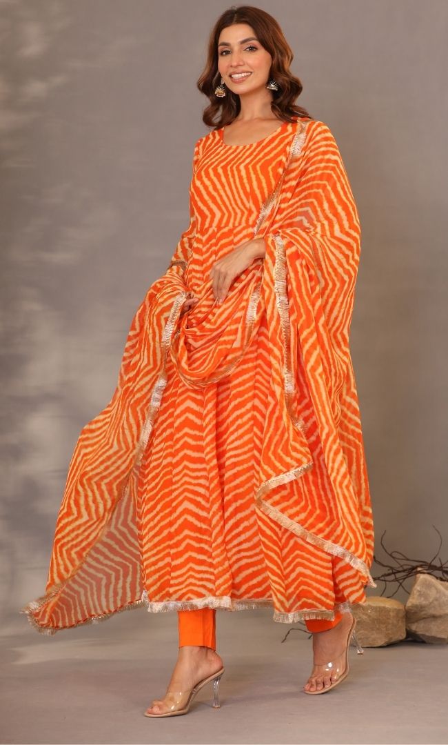Orange Leheriya Anarkali Set