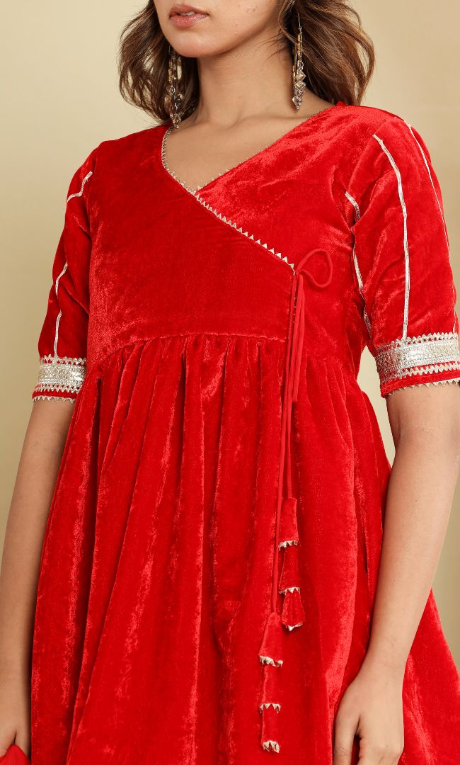 Ruby Red Velvet Angrakha set