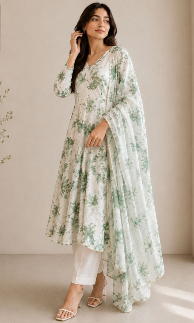 White Green Floral Georgette Anarkali Set