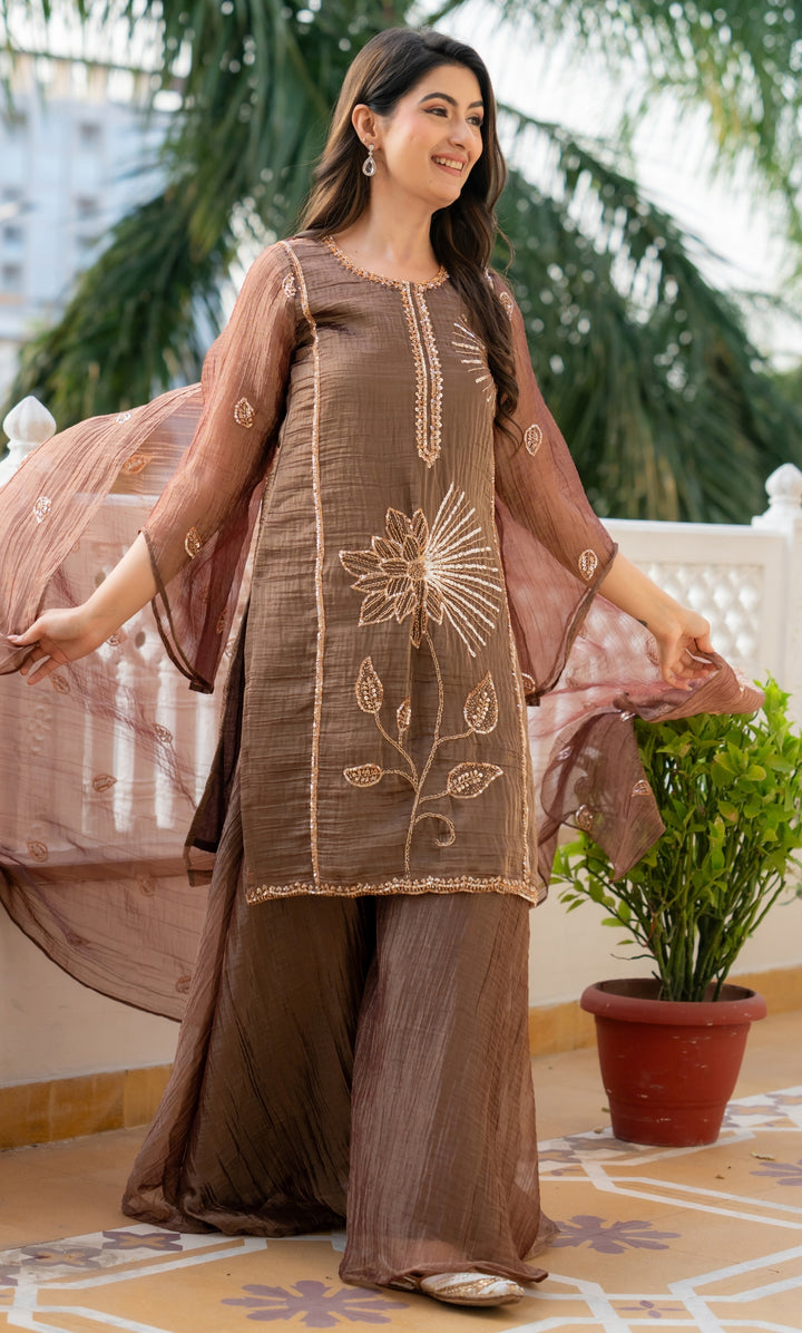 Brown Tissue Sequence Suit Set