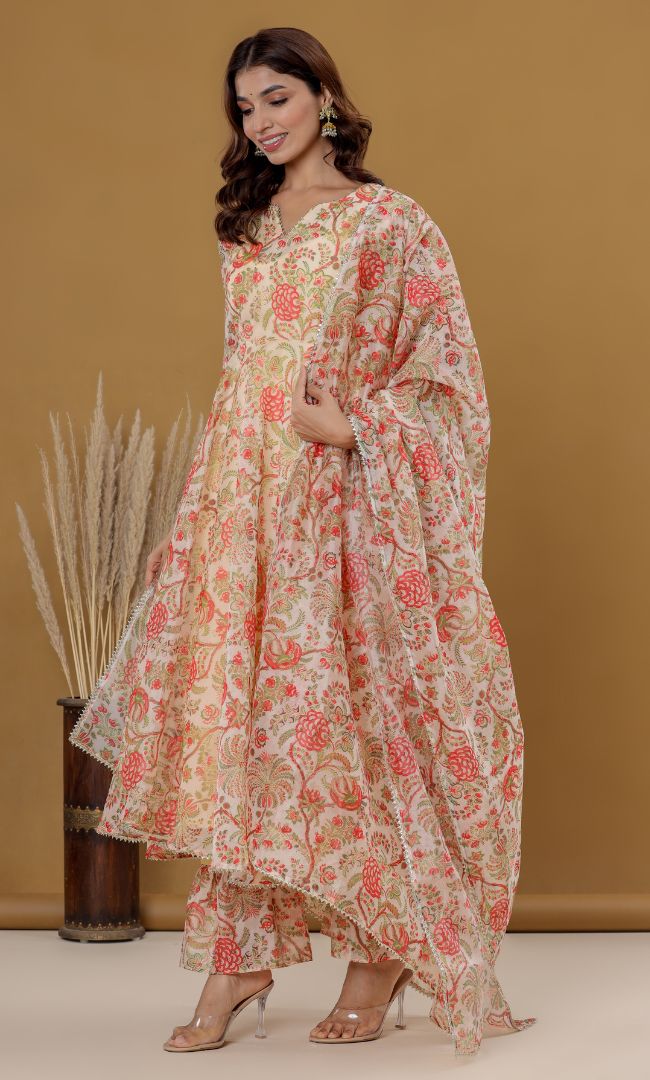 Beige Floral Anarkali Set
