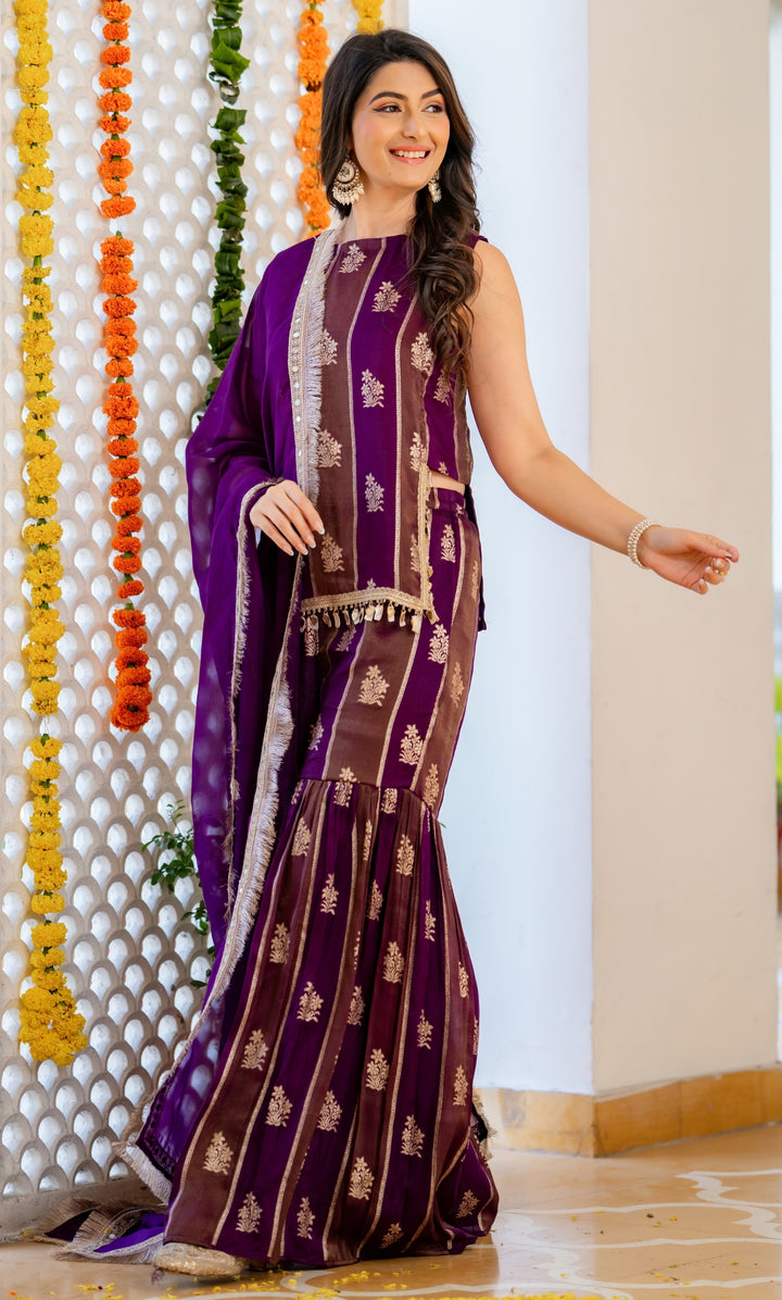 Purple Brocade Sharara Set