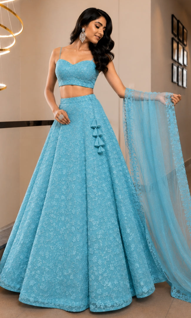 Aqua Floral Sequin Embroidery Lehenga Set