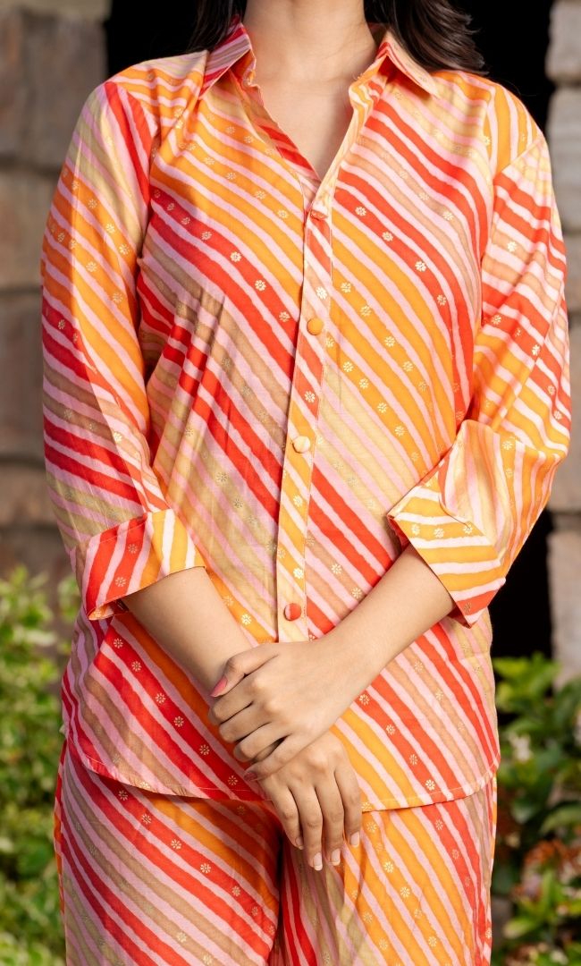 Orange Leheriya Muslin Co-ord Set