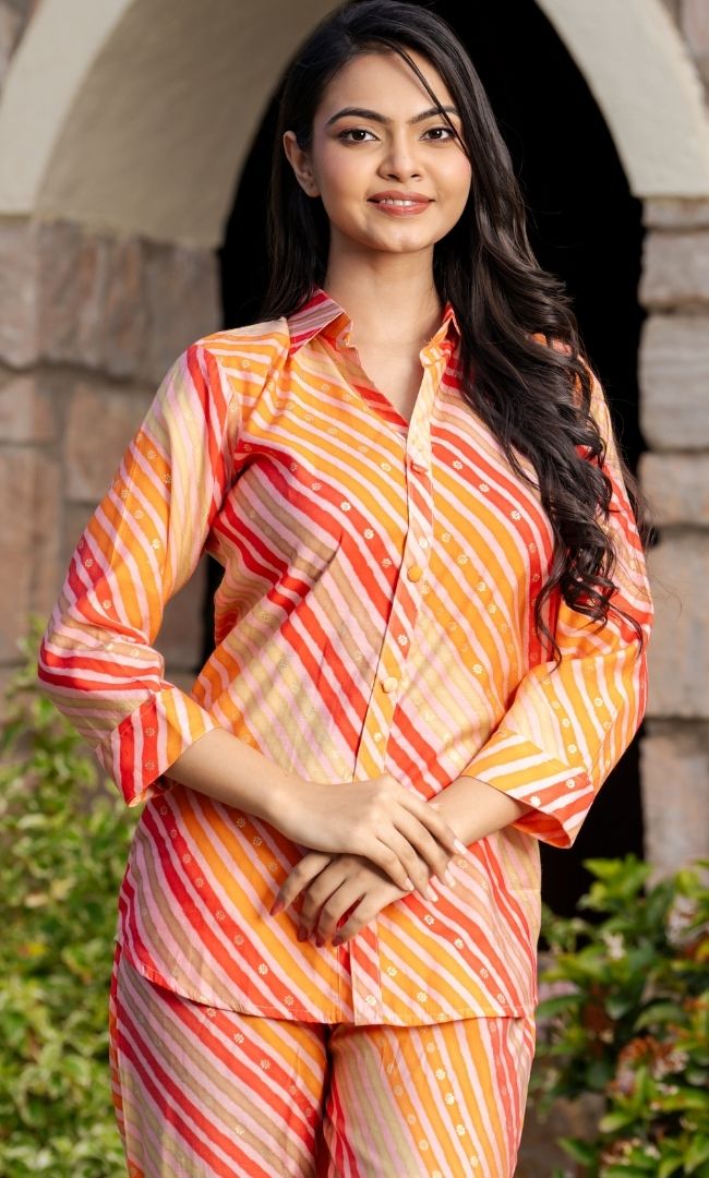 Orange Leheriya Muslin Co-ord Set