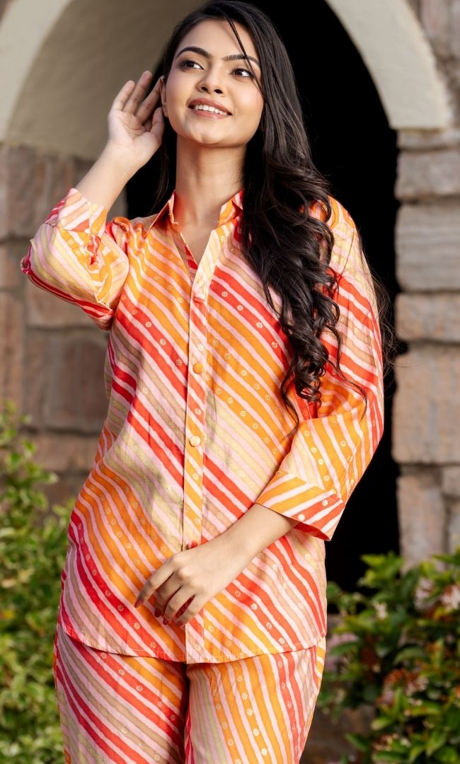 Orange Leheriya Muslin Co-ord Set