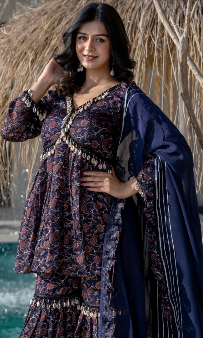 Navy Blue Shell Sharara Set