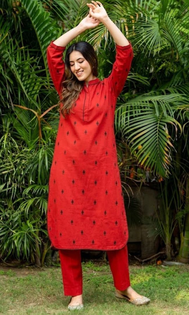 Red Pikes Spades Cotton Kurta Set