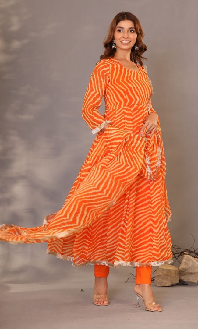 Orange Leheriya Anarkali Set