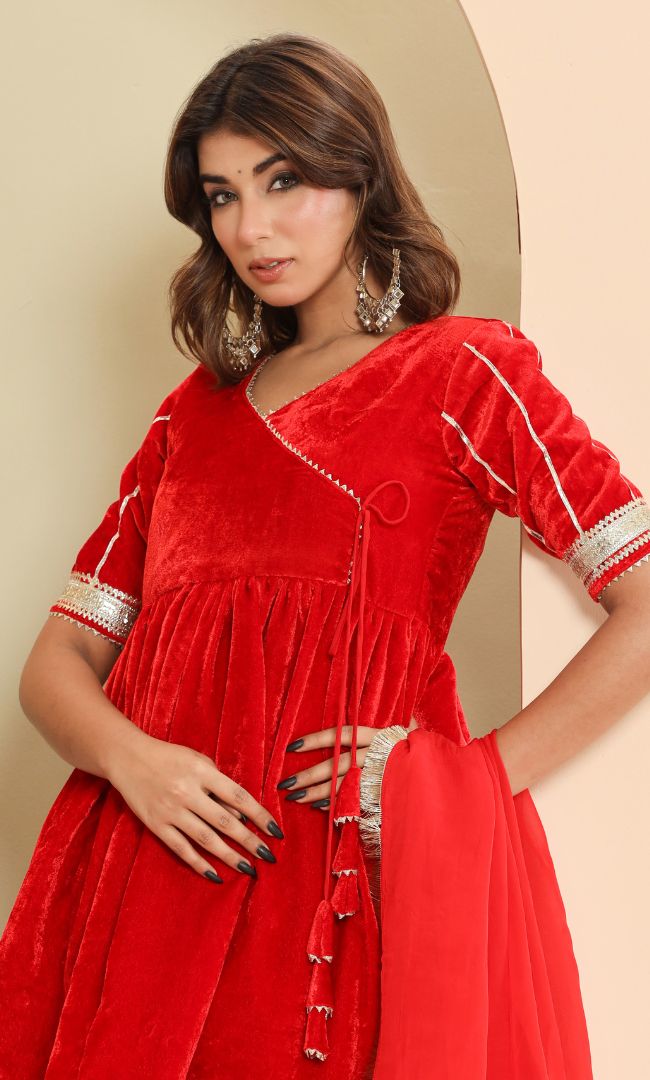 Ruby Red Velvet Angrakha set