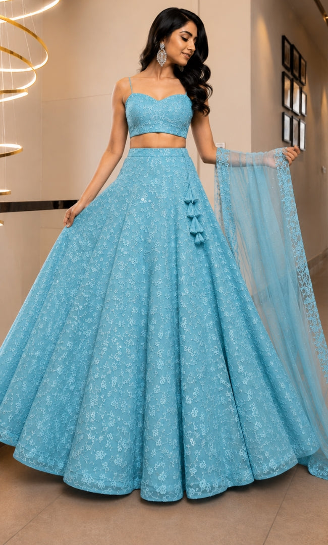 Aqua Floral Sequin Embroidery Lehenga Set